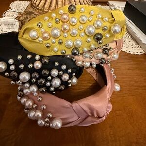Pearl-Embellished Knotted Headband - Yellow, Pink, Black
